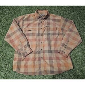 Legendary Whitetails Flannel Seersucker Mens Sz XL Plaid Orange Brown Bitton Up